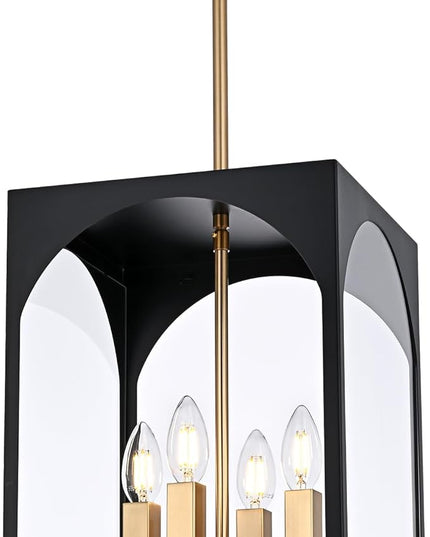 VINLUZ Outdoor 4 Lights in Black and Brushed Brass Finish, Metal Indoor Outdoor Pendant Hanging Lantern Lighting with Clear Glass Shade for Balcony Dining Room