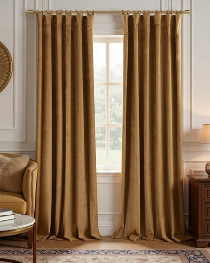 KOUFALL 90 Inch Light Brown Velvet Blackout Curtains, Golden Brown Keep Out Cold Weather Thermal Insulating Curtains for Winter Living Room Bedroom, 52 x 90 in Length, 2 Panel Set