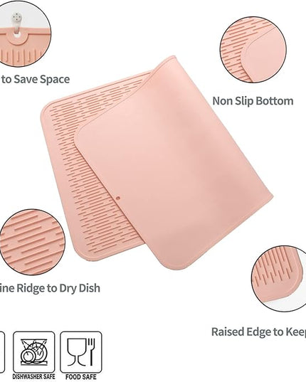 Silicone Dish Drying Mat for Multiple Usage,Easy clean,Eco-friendly,Heat-resistant Silicone Mat for Kitchen Counter or Sink,Refrigerator or Drawer Liner Pink 3XL 28 inches x 18 inches