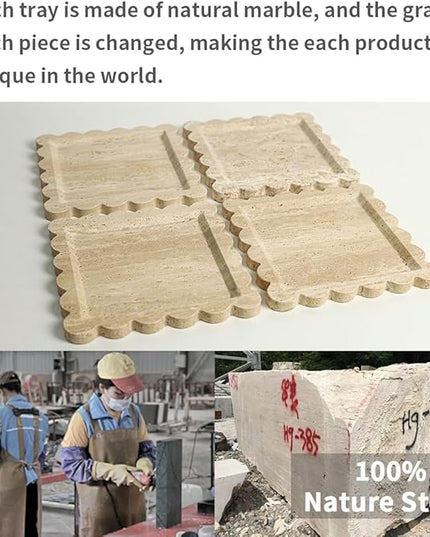 Natural 100% Marble Vanity Tray Luxury Scalloped Marble Tray, Travertine Tray for Home Decor Bathroom Kitchen Candle Key (Square-9.8 * 9.8-Beige Travertine)