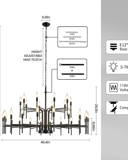 Black Chandelier 30 Light Large Modern Farmhouse Chandeliers for Dining Room Lights Fixture, 47" Round Candle Large Chandeliers for High Ceilings Living Room Foyer Entryway 2 Tier