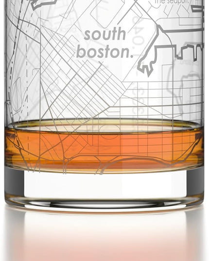 Well Told Engraved South Boston Massachusetts Map Rocks Glass, Old Fashioned Glassware (11 oz, Clear) Etched Bourbon Tumbler, Gifts For Whiskey Lovers