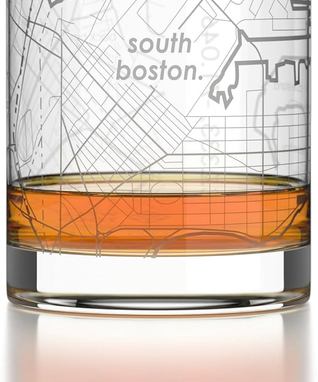 Well Told Engraved South Boston Massachusetts Map Rocks Glass, Old Fashioned Glassware (11 oz, Clear) Etched Bourbon Tumbler, Gifts For Whiskey Lovers