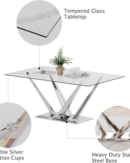 63'' Glass Dining Table for 4 or 6, 0.39" Tempered Glass Tabletop and Silver Stainless Steel Base, Large Dining Room Table for 6, Home Kitchen Table for Dining Room, Modern Dining Table for 6