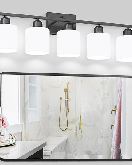 5-Light Black Bathroom Vanity Light, Black Vanity Light with Milky White Frosted Glass Shades, Modern Vanity Light Fixture for Bathroom Mirror, Bedroom, Living Room, Hallway, Vanity Table, E26 Base