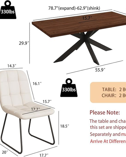 ZckyCine Expandable Dining Table Set for 6-8 People, Modern Rectangular Kitchen Table, 63"-79" Extendable, Walnut Finish, Metal Frame, 6 PU Leather Cushioned Chairs, Easy Assembly