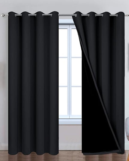 Yakamok 90 Inch Length 100% Blackout Curtains for Bedroom, 2 Thick Layers Thermal Insulated Grommet Total Blackout Drapes with Black Liner for Living Room (52Wx90L,Black, 2 Panels)
