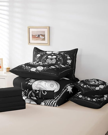 Feelyou Sun and Moon Comforter Set King Size 7 Pieces Comforters Gothic Skull Skeleton Bedding Set Rustic Garden Flower Bed Set Bed in a Bag with Comforter, Sheets, Pillowcases & Cushion Covers