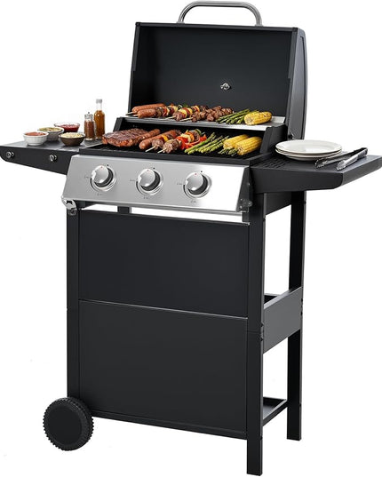 Stainless Steel 3-Burner Gas Grill, 25650 BTU Outdoor BBQ Grill with Side Table, 338 sq.in Cooking Area, Perfect for Patio, Deck & Family Barbecues