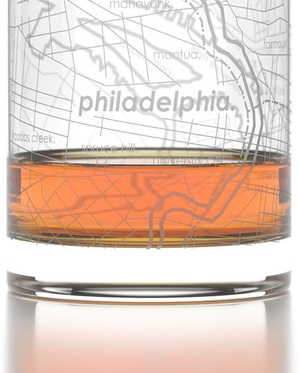Well Told Engraved Philadelphia Pennsylvania Map Rocks Glass, Old Fashioned Whiskey Glass (11 oz, Clear) Etched Whiskey Glass, Gifts For Whiskey Lovers
