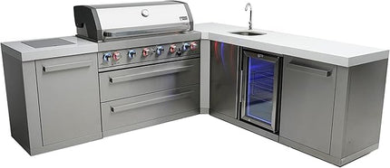 Mont Alpi MAi805-90BEV 44-inch 6-Burner 115000 BTU 90 Degree Corner Stainless Steel Gas Outdoor Kitchen Bar Barbecue Island Grill w/Wine Cooler Beverage Center Refrigerator + Faucet & Sink + Storage