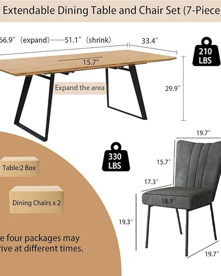 ZckyCine 7-Piece Dining Set, 51"-67" Expandable Mid-Century Modern Table with 6 Chairs, Leather Seat & Backrest, Metal Frame, Oak/Black for Dining Room/Home