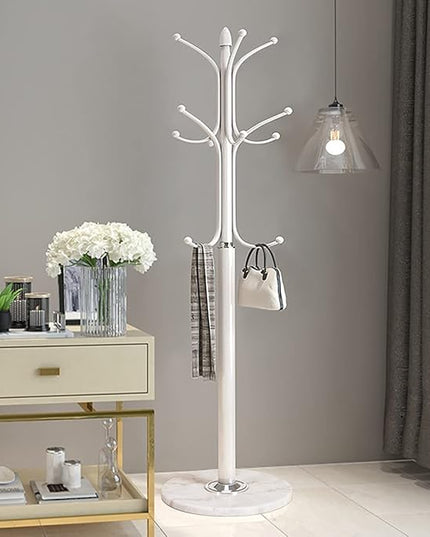 Kertnic Metal Coat Rack Stand with Natural Marble Base, Free Standing Hall Tree with 12 Hooks for Hanging Scarf, Bag, Jacket, Home Entry-way Hat Hanger Organizer (White)