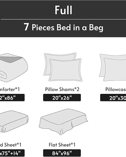MUXHOMO 7 Pieces Full Comforter Set, Reversible Bed in a Bag Full Size, All Season Bedding Set with Comforter, Flat Sheet, Fitted Sheet, Pillowcases & Shams, Light Grey & Beige