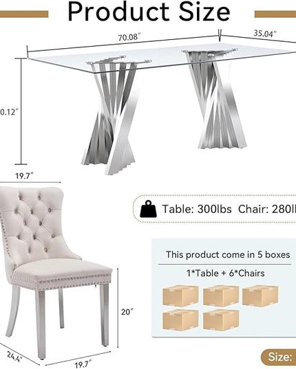 SSLine 9 Piece Glass Dining Table Set,70" Dinner Room Glass Table Set for 8,Modern Kitchen Dinner Table Set with Stainless Steel Base and 8 Upholstered Velvet Dining Chairs for Living Dining Room
