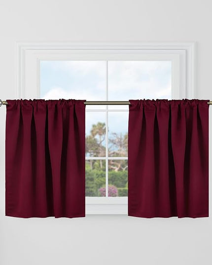 BGment Short Blackout Curtains 30 Inch Length for Small Windows - 34 x 30 inch Curtains Rod Pocket and Back Tab Thermal Insulated Room Darkening Curtains for Kitchen/Cafe Room, 2 Panels, Burgundy Red
