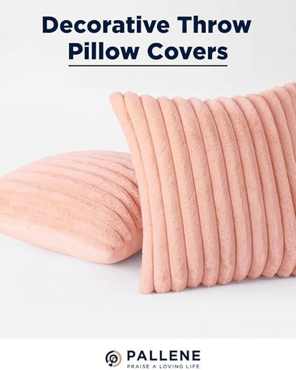 Pallene Faux Fur Plush Throw Pillow Covers 20x20 Set of 2, Luxury Soft Fluffy Striped Decorative Pillow Covers for Sofa, Couch, Living Room, Pink