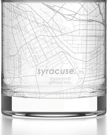 Well Told Engraved Syracuse New York Map Rocks Glass, Old Fashioned Glassware (11 oz, Clear) Etched Bourbon Tumbler, Gifts For Whiskey Lovers