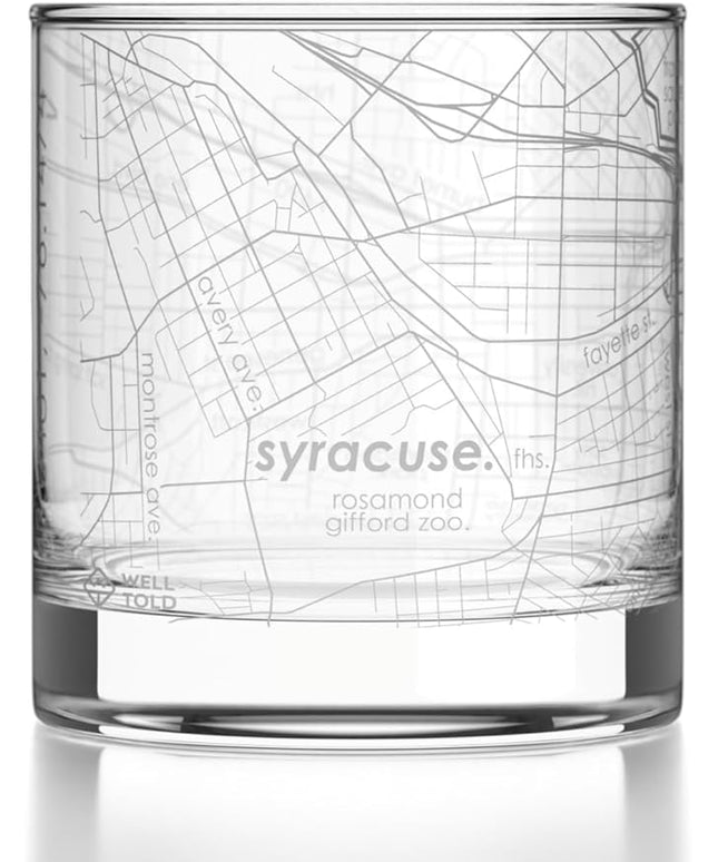 Well Told Engraved Syracuse New York Map Rocks Glass, Old Fashioned Glassware (11 oz, Clear) Etched Bourbon Tumbler, Gifts For Whiskey Lovers