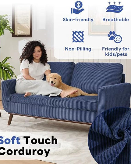 Tbfit Corduroy Couch for Living Room, Mid Century Modern Sofa with Spring Cusions for Bedroom,Comfy Upholstered Couches Easy Assembly with Solid Wood Legs & 2 Pillows (Blue, 65inch)