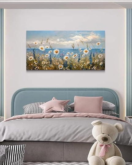 Wapluam Blue Ocean Canvas Wall Art for Living Room Wall Decor For Bedroom Bathroom Decoration Natural Seascape Painting Modern Office Wildflowers Artwork Large Pictures Home Decor Ready To Hang