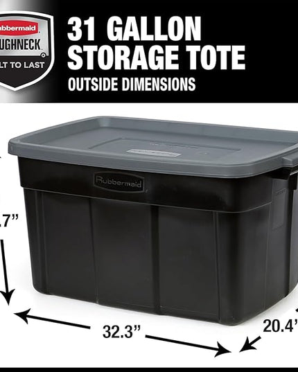 Rubbermaid Garage Storage Bins Black Plastic Stackable Storage with 3-Pack 31 GAL Capacity, Totes for Storage Home Organization Durable - Heavy Duty (31 GAL - 3 Pack Solid Black and Grey)