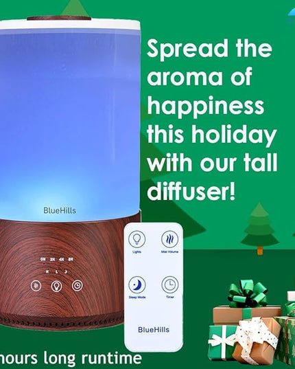 BlueHills Premium 4000 ml Tall Essential Oil Diffuser 4L 4 Liter 50 Hour Run with Remote Timer Aroma Humidifier 1 Gallon Big Capacity High Mist Output for Large Room Lights Dark Wood Grain XL T402