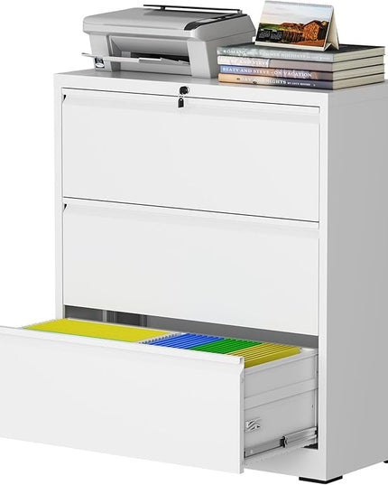 3 Drawer Lateral File Cabinet with Lock, Metal File Cabinet, Lateral File Cabinets for Home Office, Heavy Duty File Storage Cabinet for Legal/Letter/A4 Document, Assembly Required, White