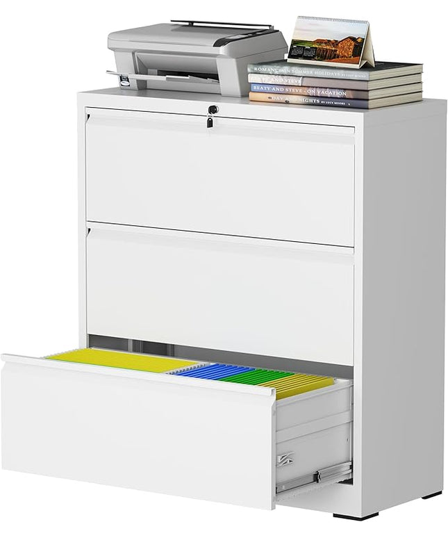 3 Drawer Lateral File Cabinet with Lock, Metal File Cabinet, Lateral File Cabinets for Home Office, Heavy Duty File Storage Cabinet for Legal/Letter/A4 Document, Assembly Required, White