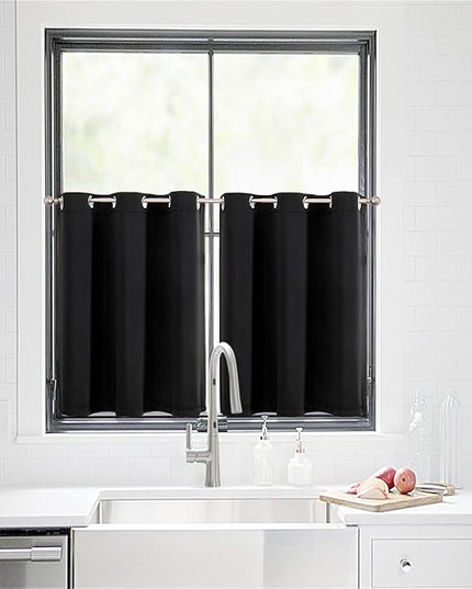 ChrisDowa Small Window Curtains for Kitchen and Bedroom - Grommet Short Thermal Insulated Room Darkening Curtains (2 Panels, Black, 34 x 36 Inch)