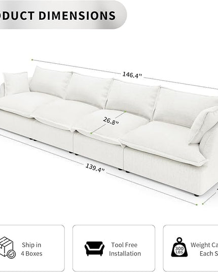 Cloud Modular Sectional Sofa, 4 Seater Convertible Deep Seat Sectional Couch, Cozy Down Fill Sofa, Detachable Couch Cushion Covers, Corner Sofa for Living Room, Office, Cream White