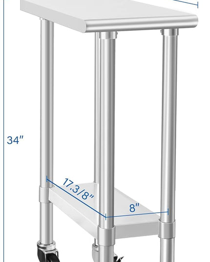 HARDURA Stainless Steel Commercial Table Prep & Work Table with Casters Heavy Duty Metal Table with Wheels NSF 430 24×12 Inches