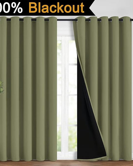 Yakamok 100% Blackout Window Curtain Panels, Heat and Full Light Blocking Drapes with Black Liner for Nursery,Thermal Insulated Draperies (Sage, 2 Pieces, 62Wx96L)