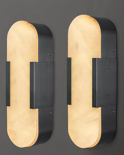 Alabaster Wall Sconce, 13.8" Natural Marble Wall Sconce, Black Alabaster Sconces Set of Two, Indoor Modern Bathroom Sconces Wall Lighting for Living Room, Bedroom, Hallway, Stairs