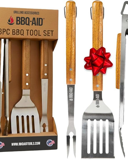 3 Piece BBQ Grilling Accessories Set - BBQ Tongs Spatula Fork Set - Heavy Duty Stainless Steel Barbecue Grill Tools with Solid Hard Wood Handles Great Gift Set