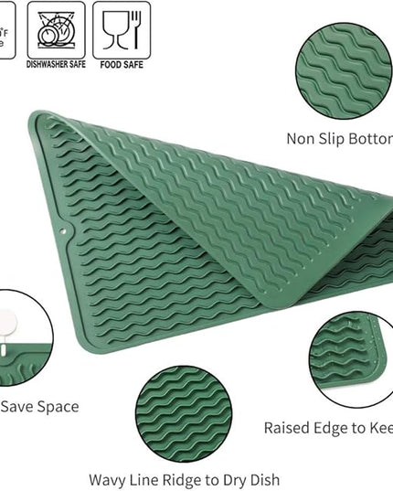 Silicone Dish Drying Mat for Multiple Usage,Easy clean,Eco-friendly,Heat-resistant Silicone Mat for Kitchen Counter or Sink,Refrigerator or drawer liner Green L 16 inches x 12 inches