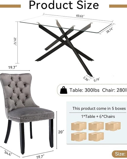 Modern 7-Piece Glass Dining Table Set for 6, Modern 60" Rectangle Black Glass Dining Room Table Set with Grey Velvet Tufted Chairs Wood Legs for Kitchen Dining Room