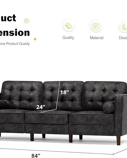 84" Suede Leather 3 Seater Sofa with Two Bolster Pillows, Tufted Sofa with Wooden Legs, Mordern Couch for Living Room, Office, Apartment, Black