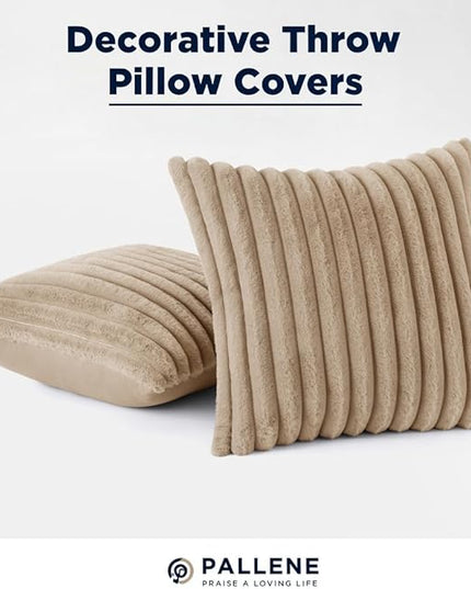 Pallene Faux Fur Plush Throw Pillow Covers 24x24 Set of 2, Luxury Soft Fluffy Striped Decorative Pillow Covers for Sofa, Couch, Living Room, Khaki