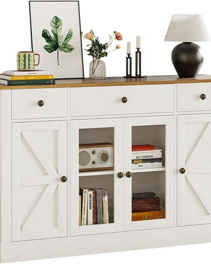 4 EVER WINNER 55" Buffet Cabinet with Storage, Farmhouse Coffee Bar Cabinet with Glass Doors and Drawers, Sideboard Cabinets with Adjustable Shelves for Living Room, Kitchen, White