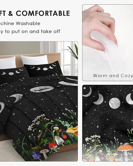Queen Size Comforter Set with 2 Pillowcases, Mushroom Plant Floral 3 Pcs Bedding for Kids and Adults, Flower Summer Moon Night Soft Comforter Set for Bedroom Bed Decor
