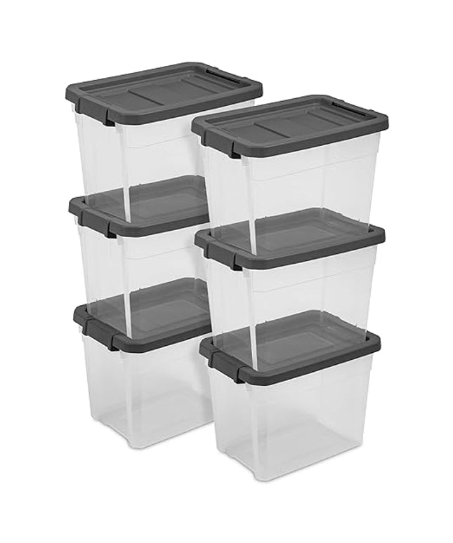 Sterilite 18-Pack Modular Stacker Box, Durable Clear Plastic Storage Bins with Latching Lids, 30 Quart - Stackable Organizing Container Boxes for Closet, Bathroom, and Office
