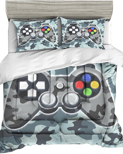 Sunnycitron Camo Grey Gamepad Gamer Comforter Set for Boys Gaming Bedding Set Teens Game Room Decor Twin (1 Comforter + 2 Pillowcase)