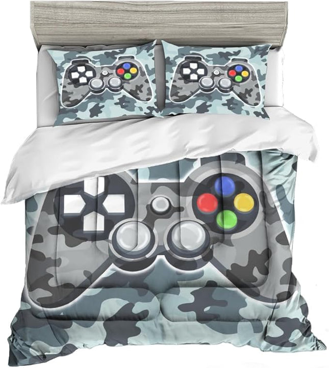 Sunnycitron Camo Grey Gamepad Gamer Comforter Set for Boys Gaming Bedding Set Teens Game Room Decor Full (1 Comforter + 2 Pillowcase)