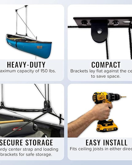 StoreYourBoard Cargo Box Pulley System – Heavy-Duty Garage Hoist Lift for Rooftop Carriers – Garage Storage & Garage Organization Ceiling Hoist with Pulley – Holds 150 lbs - Fits 10-14 ft Ceilings