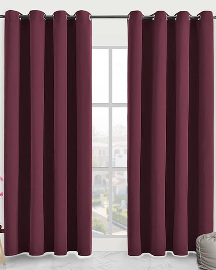 Blackout Curtains for Bedroom Thermal Insulated Light Blocking Room Darkening Curtains Solid Grommet Window Drapes for Living Room, Set of 2 Curtain Panels 52 W x 84 L inch Long Wine