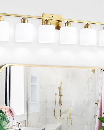 6 Light Gold Bathroom Vanity Light for Large Mirror, Gold Vanity Lights for Bathroom with Milky White Frosted Glass Shades, 38 inch Wall Lamp for Mirrors Living Room E26 Base