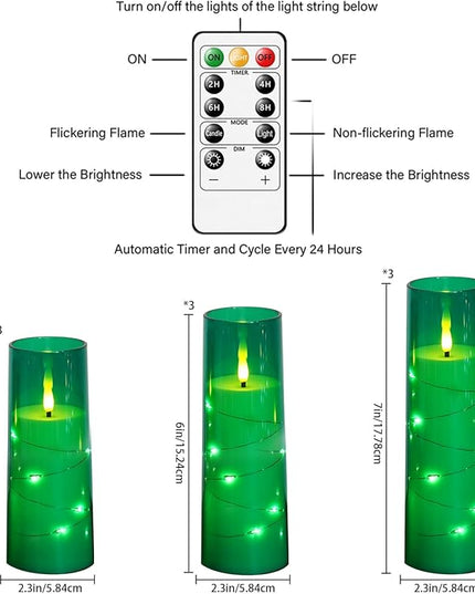 Flickering Flameless LED Candles,Battery Operated Candles 9 Pcs with Embedded Star String,Acrylic LED Pillar Candles with Remote,Suitable for Home Decoration to Create an Atmosphere (Green)