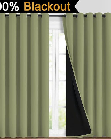 Yakamok 100% Blackout Window Curtain Panels, Heat and Full Light Blocking Drapes with Black Liner for Nursery,Thermal Insulated Draperies (Sage, 2 Pieces, 70Wx84L)