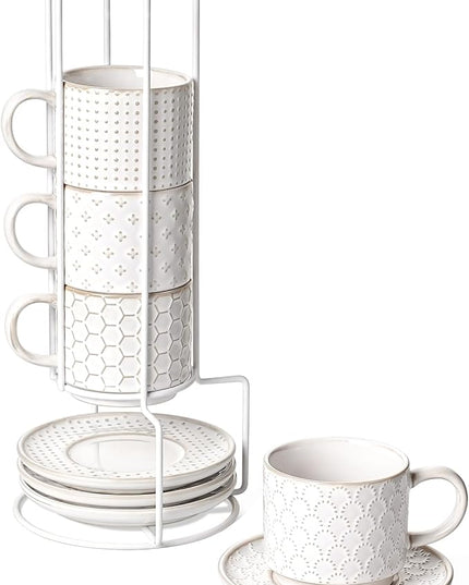 LE TAUCI Stackable Cappuccino Cups 8 oz with Saucers and Stand, Ceramic Large Latte Cup for Au Lait, Cafe, Mocha,Tea, Dishwasher Oven Safe - Set of 4, Arctic white